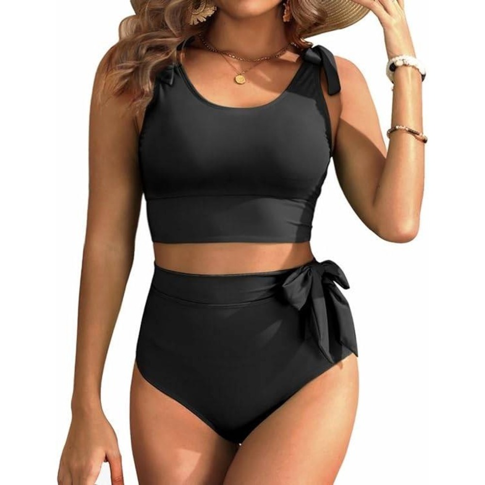Yonique Black Tie Shoulder High Waisted Tummy Control Bikini Set New L NWT